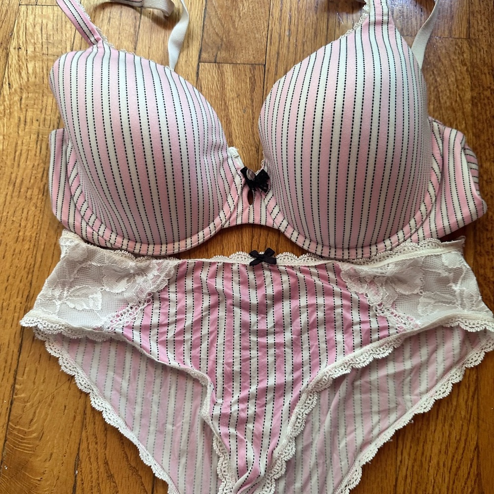 Victorias Secret Pink and Gray Stripped Matching Set